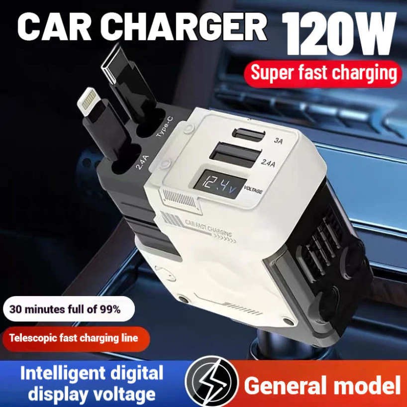 120W Super-Fast 4-in-1 Adjustable Retractable Car Charger with Digital Voltage Display