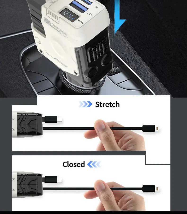 120W Super-Fast 4-in-1 Adjustable Retractable Car Charger with Digital Voltage Display - Image 11