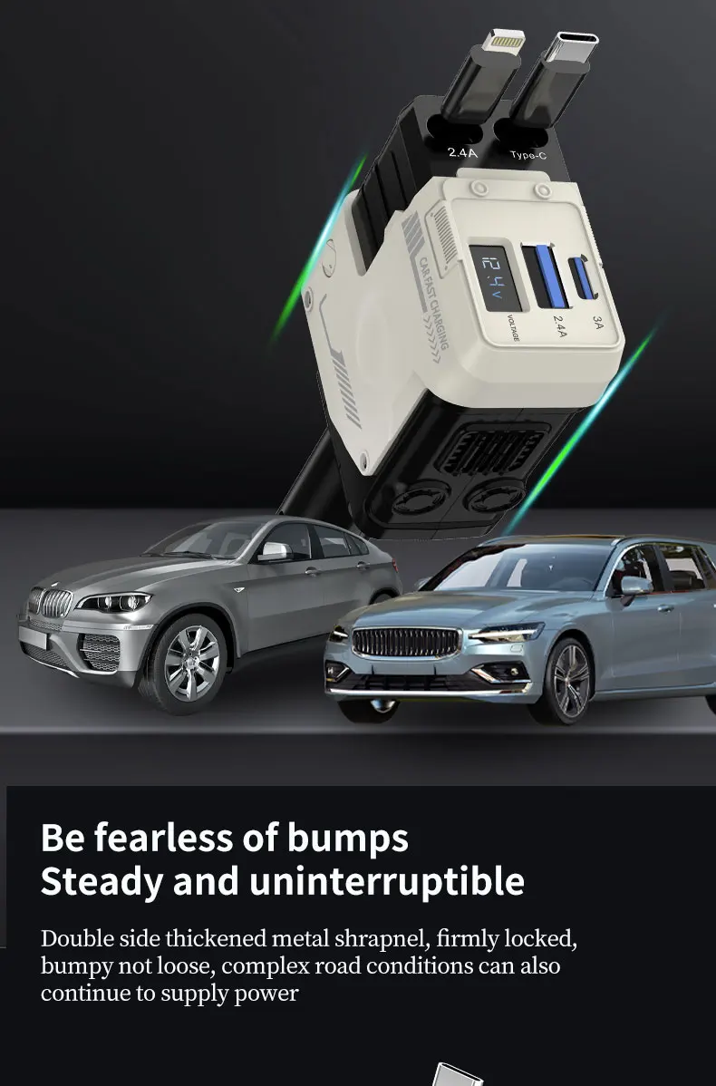 120W Super-Fast 4-in-1 Adjustable Retractable Car Charger with Digital Voltage Display - Image 14