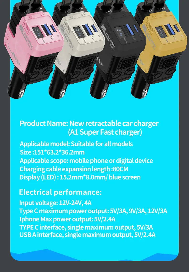 120W Super-Fast 4-in-1 Adjustable Retractable Car Charger with Digital Voltage Display - Image 18
