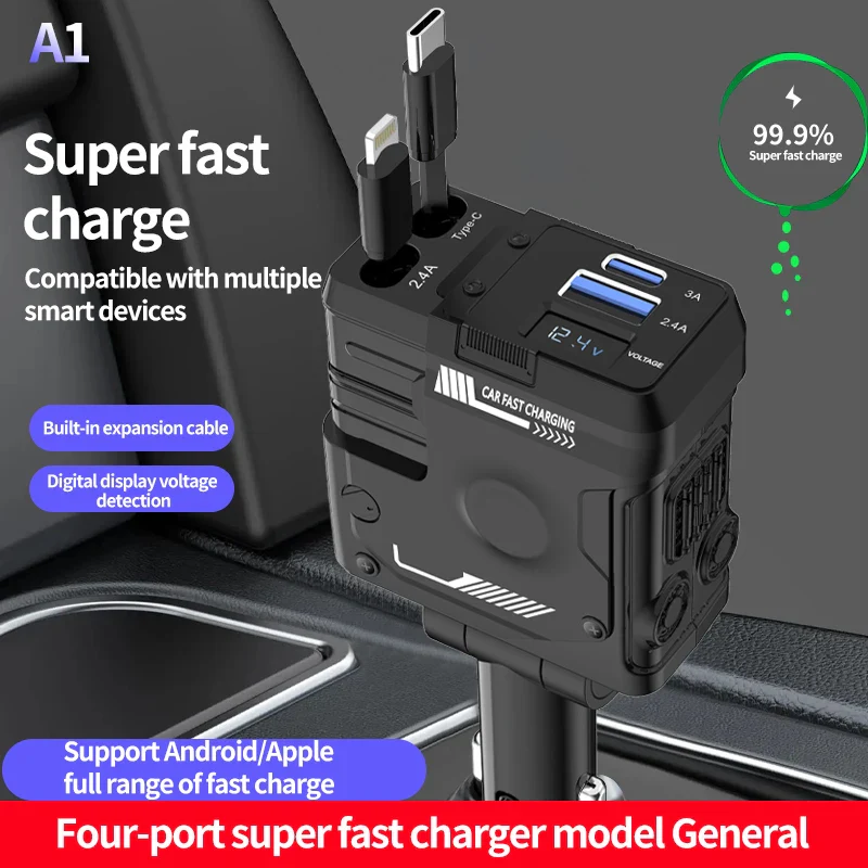 120W Super-Fast 4-in-1 Adjustable Retractable Car Charger with Digital Voltage Display - Image 19