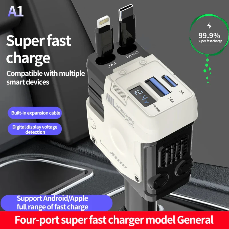 120W Super-Fast 4-in-1 Adjustable Retractable Car Charger with Digital Voltage Display - Image 2