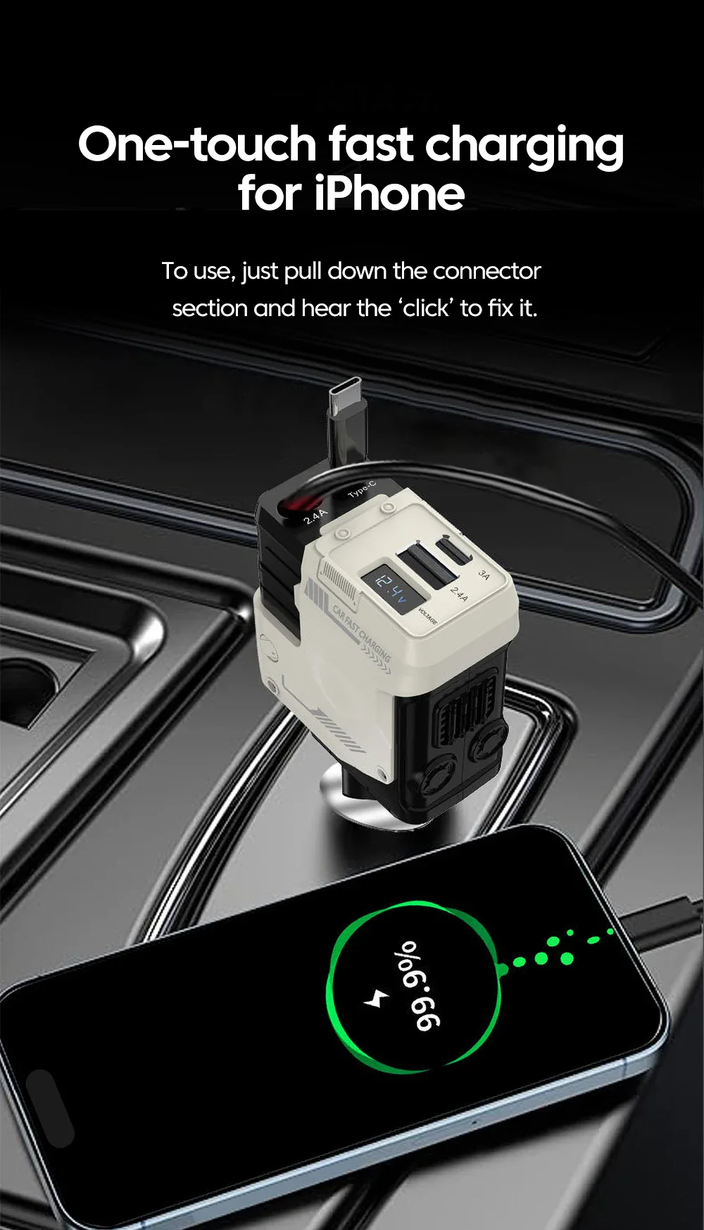 120W Super-Fast 4-in-1 Adjustable Retractable Car Charger with Digital Voltage Display - Image 20