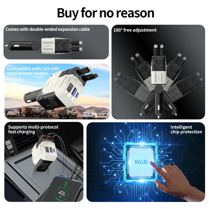 120W Super-Fast 4-in-1 Adjustable Retractable Car Charger with Digital Voltage Display - Image 3