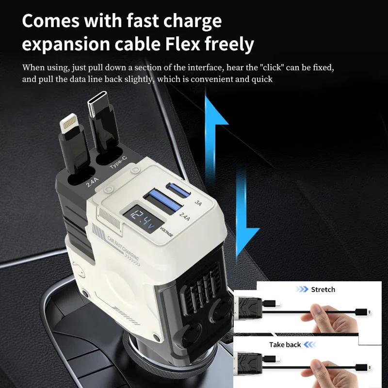 120W Super-Fast 4-in-1 Adjustable Retractable Car Charger with Digital Voltage Display - Image 4