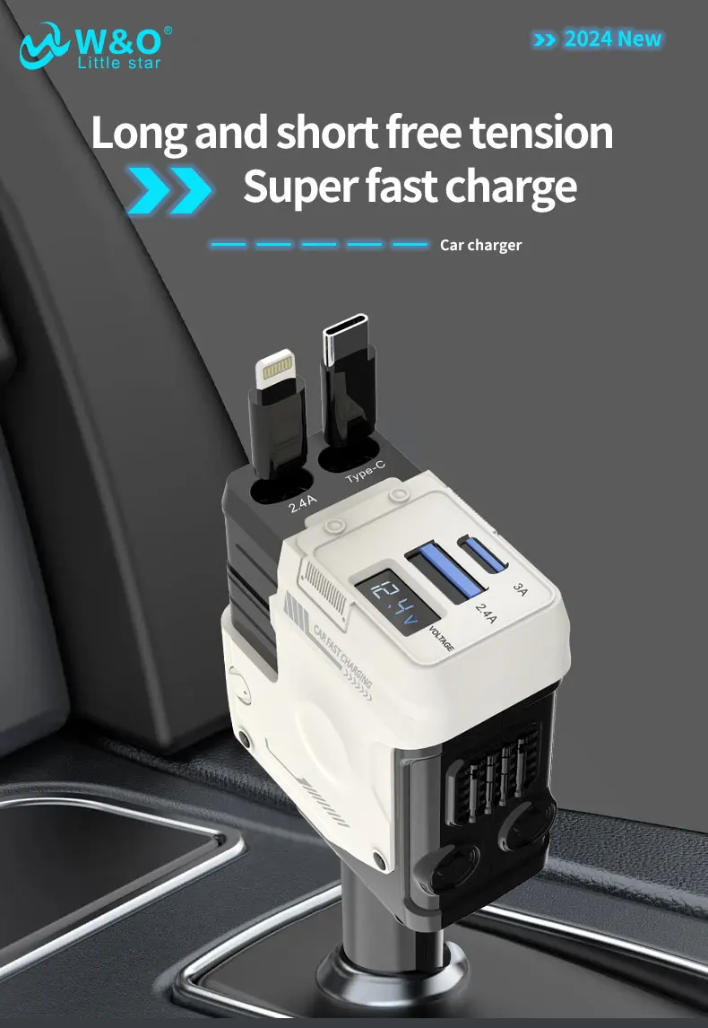 120W Super-Fast 4-in-1 Adjustable Retractable Car Charger with Digital Voltage Display - Image 8