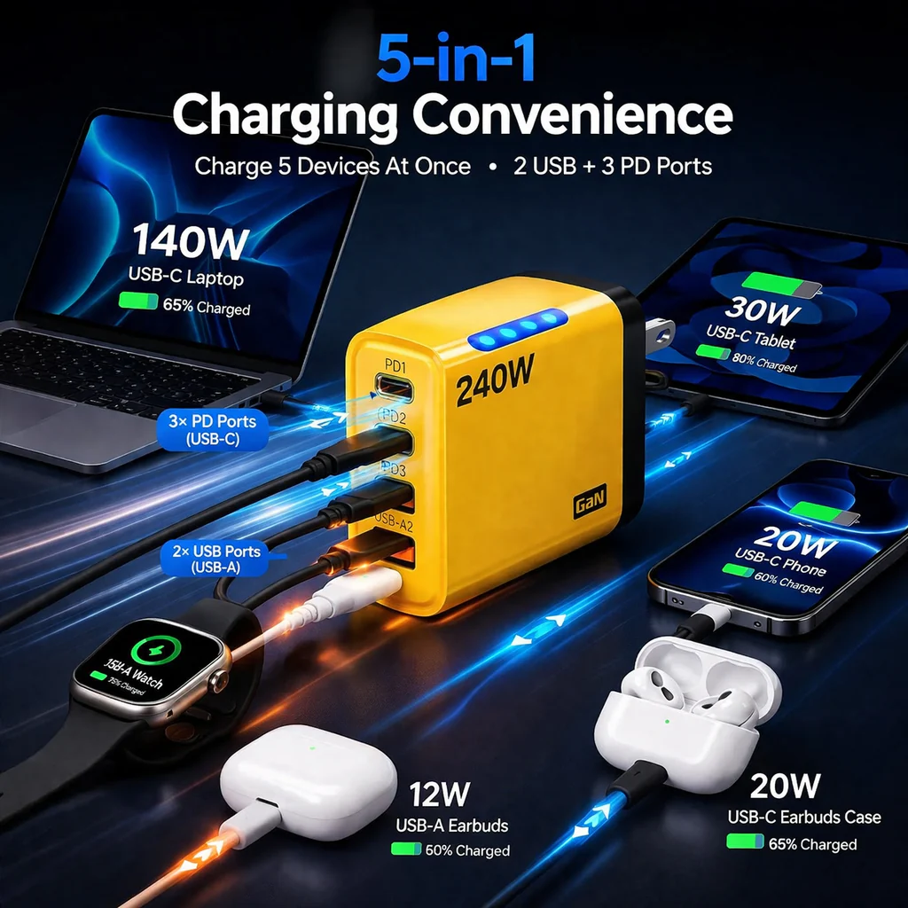 240W High-Speed 5-Port GaN Technology Intelligent Wall Charger - Image 31
