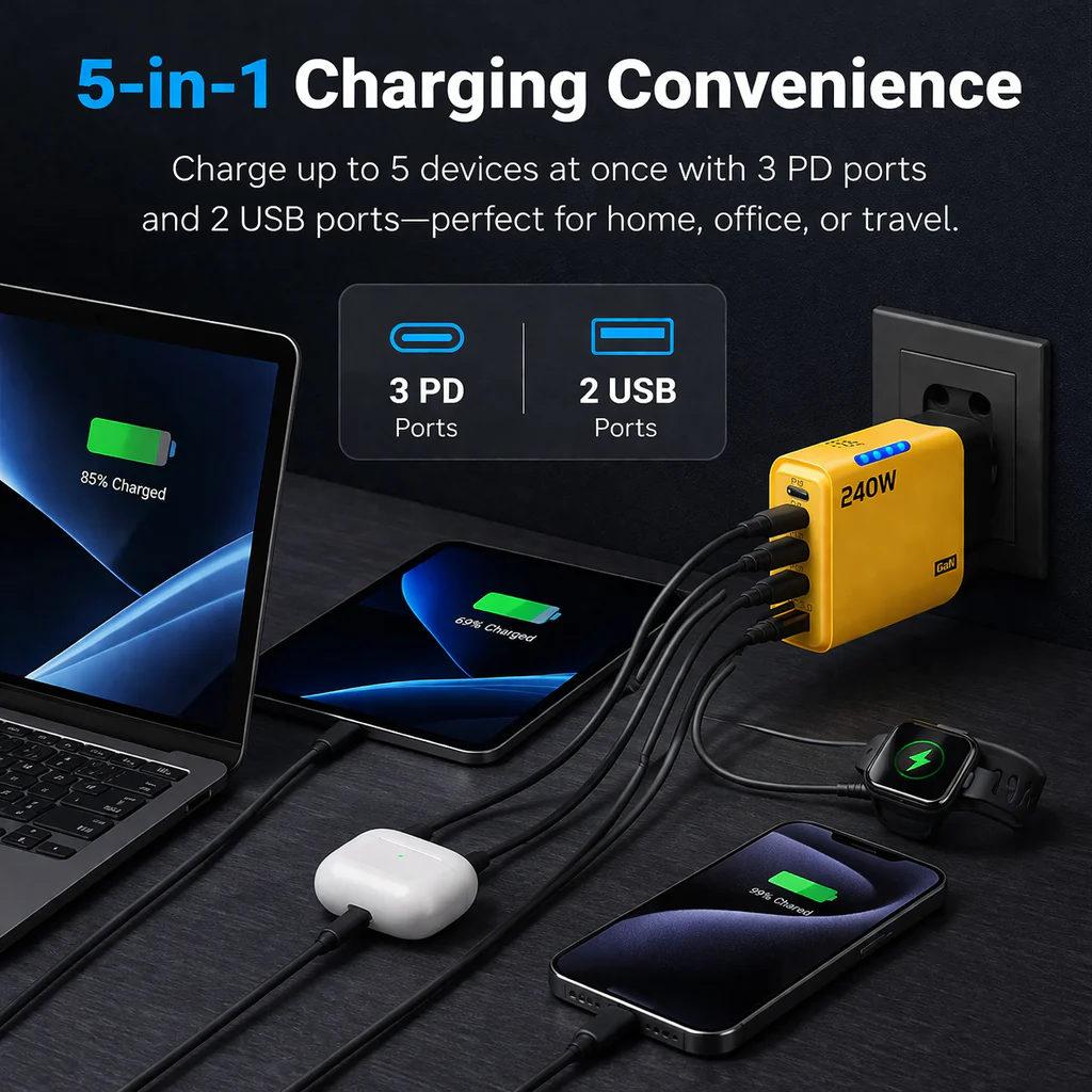 240W High-Speed 5-Port GaN Technology Intelligent Wall Charger - Image 33