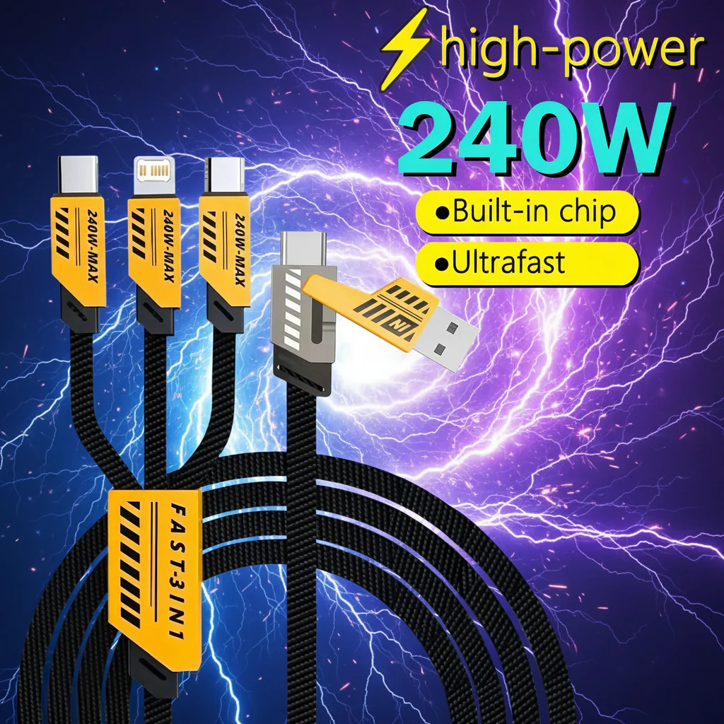 MaxCharge 240W Smart Cable – 3-in-1 Multi-Port with USB & Type-C Dual Input