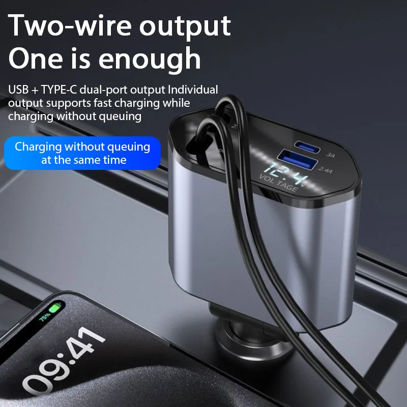ClearCharge 4-in-1  Angle Adjustable 120W Car Power Hub with Retractable Cables & LED Display - Image 2