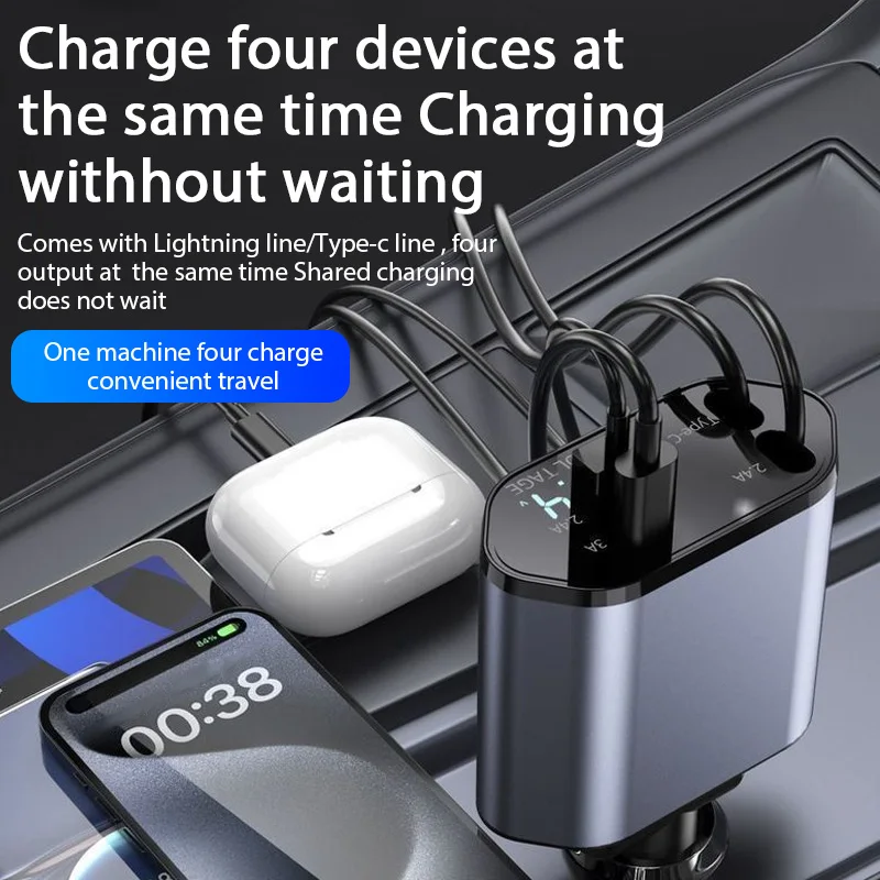 ClearCharge 4-in-1  Angle Adjustable 120W Car Power Hub with Retractable Cables & LED Display - Image 3
