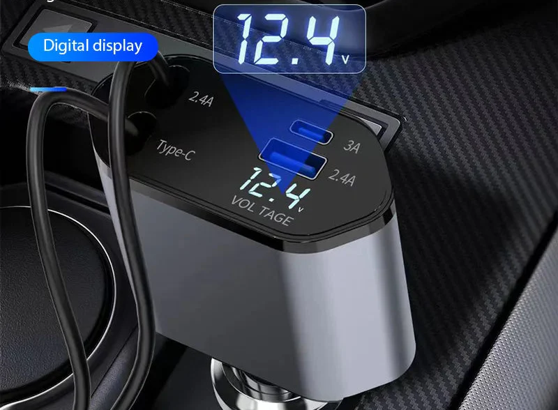 ClearCharge 4-in-1  Angle Adjustable 120W Car Power Hub with Retractable Cables & LED Display - Image 4