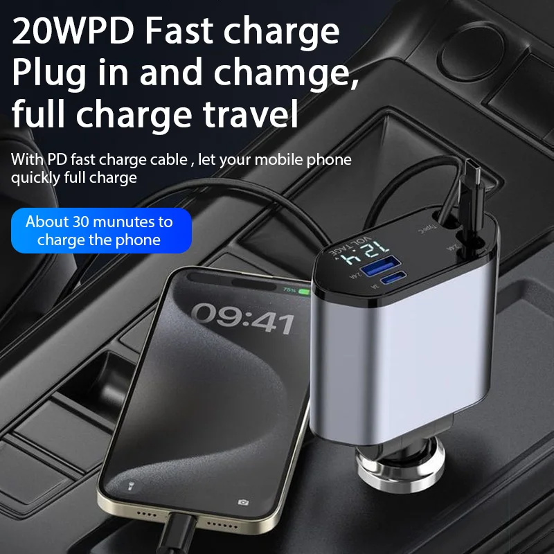 ClearCharge 4-in-1  Angle Adjustable 120W Car Power Hub with Retractable Cables & LED Display - Image 5