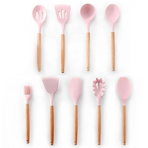 Non-stick Silicone Cooking Utensils Set with Wooden Handle BPA-FREE - Image 3