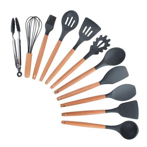 Non-stick Silicone Cooking Utensils Set with Wooden Handle BPA-FREE - Image 4