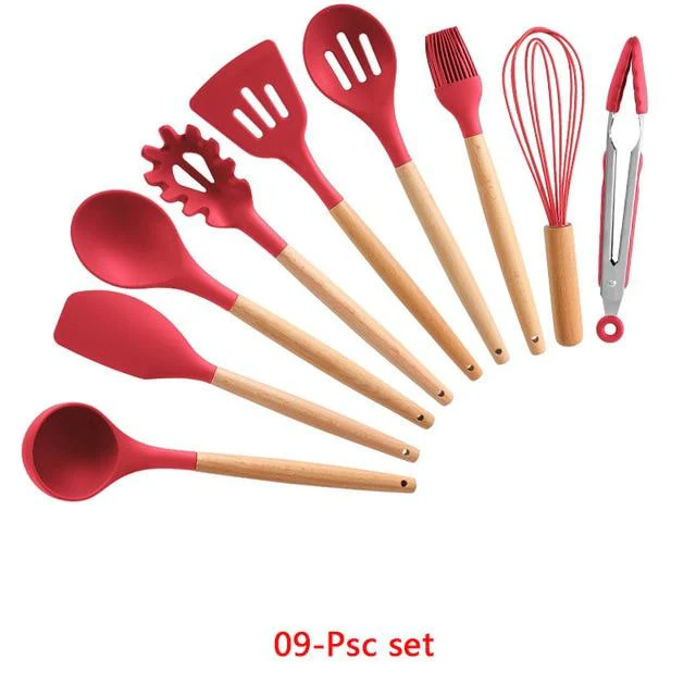 Non-stick Silicone Cooking Utensils Set with Wooden Handle BPA-FREE - Image 6