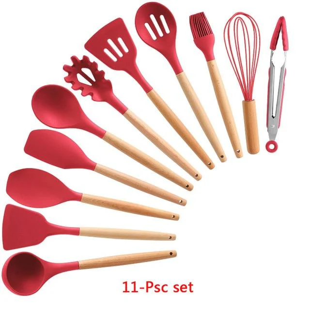 Non-stick Silicone Cooking Utensils Set with Wooden Handle BPA-FREE - Image 7
