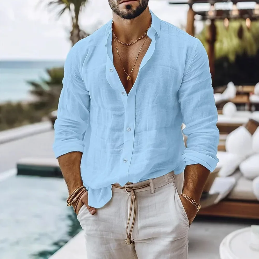 Men’s Lightweight Relaxed Fit Cotton Linen Long Sleeve Summer Shirt - Image 11