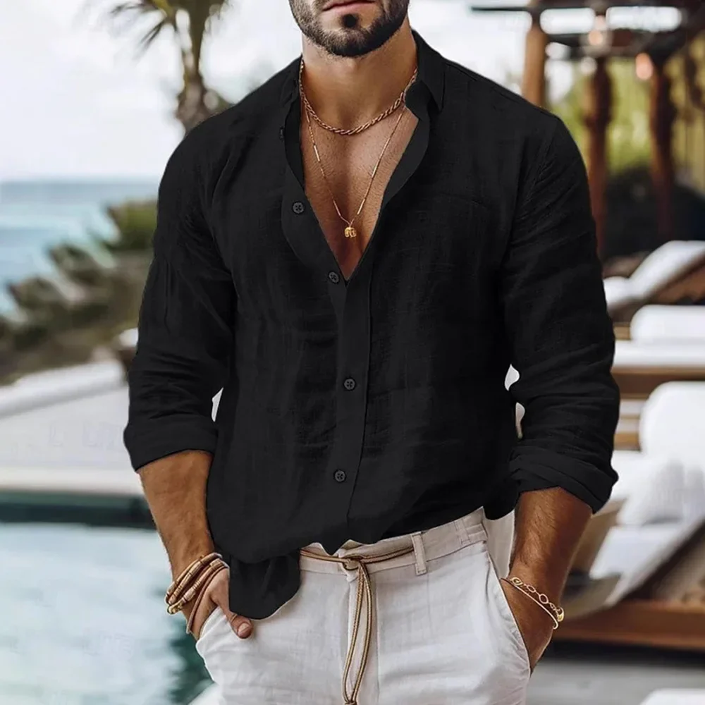 Men’s Lightweight Relaxed Fit Cotton Linen Long Sleeve Summer Shirt - Image 12