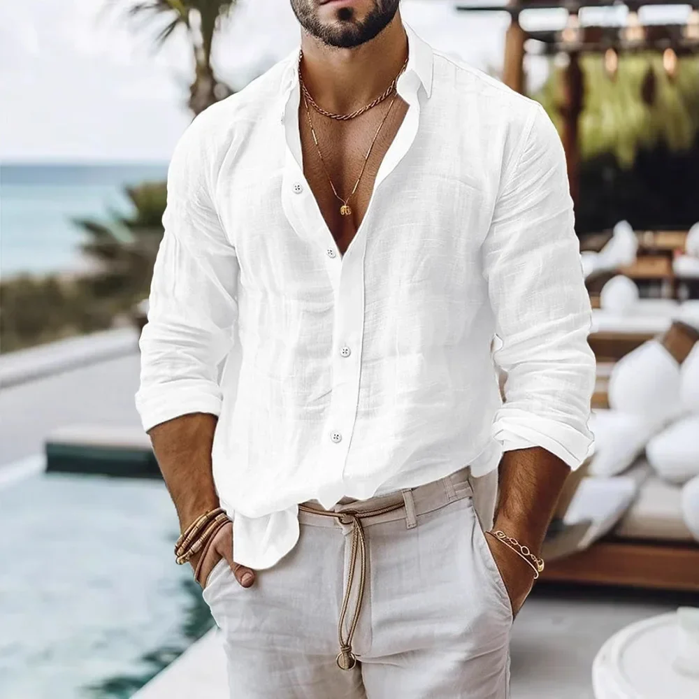 Men’s Lightweight Relaxed Fit Cotton Linen Long Sleeve Summer Shirt - Image 9