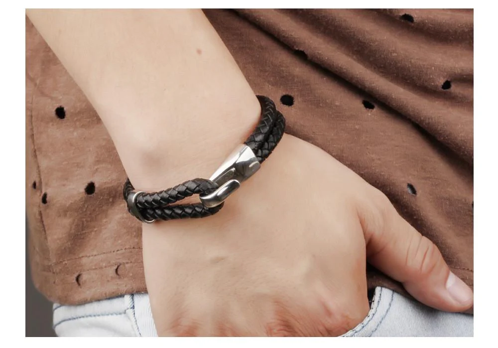 Duexes - Double Layer Black Leather Bracelet - Image 5