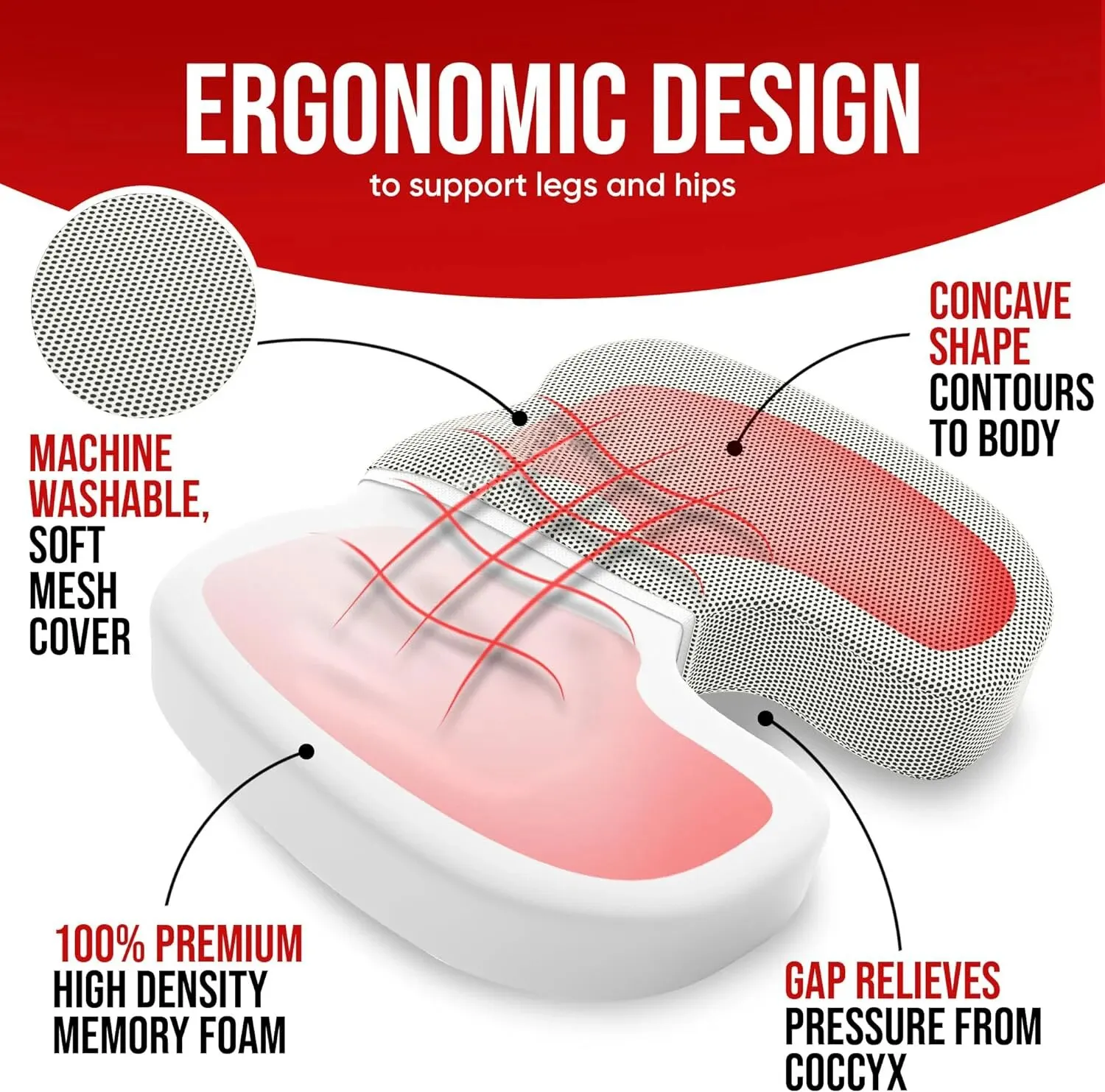 Ergonomic Dual-Layer Memory Foam + Cooling Gel Tailbone Pressure Relief Cushion - Image 5