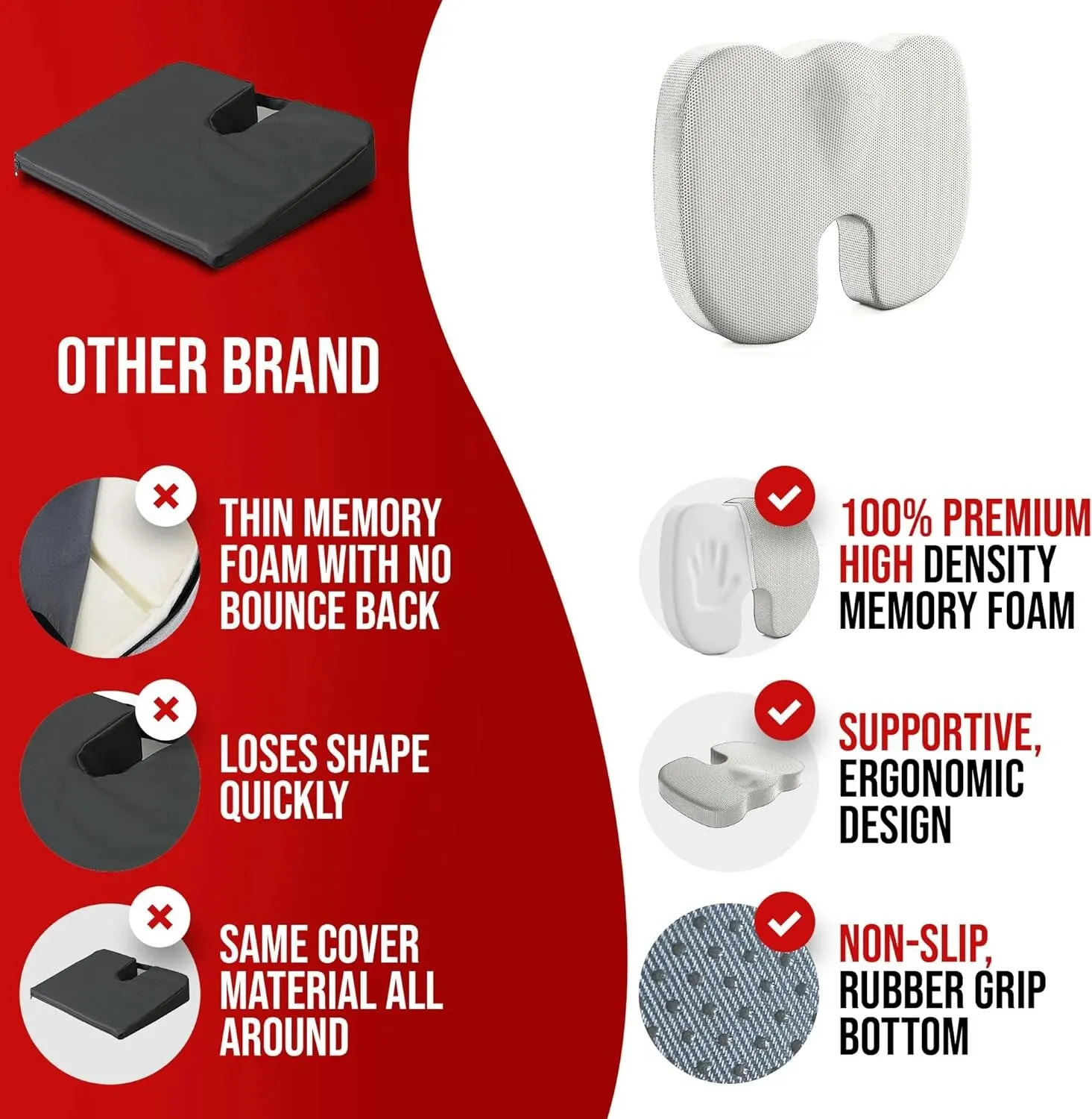 Ergonomic Dual-Layer Memory Foam + Cooling Gel Tailbone Pressure Relief Cushion - Image 7