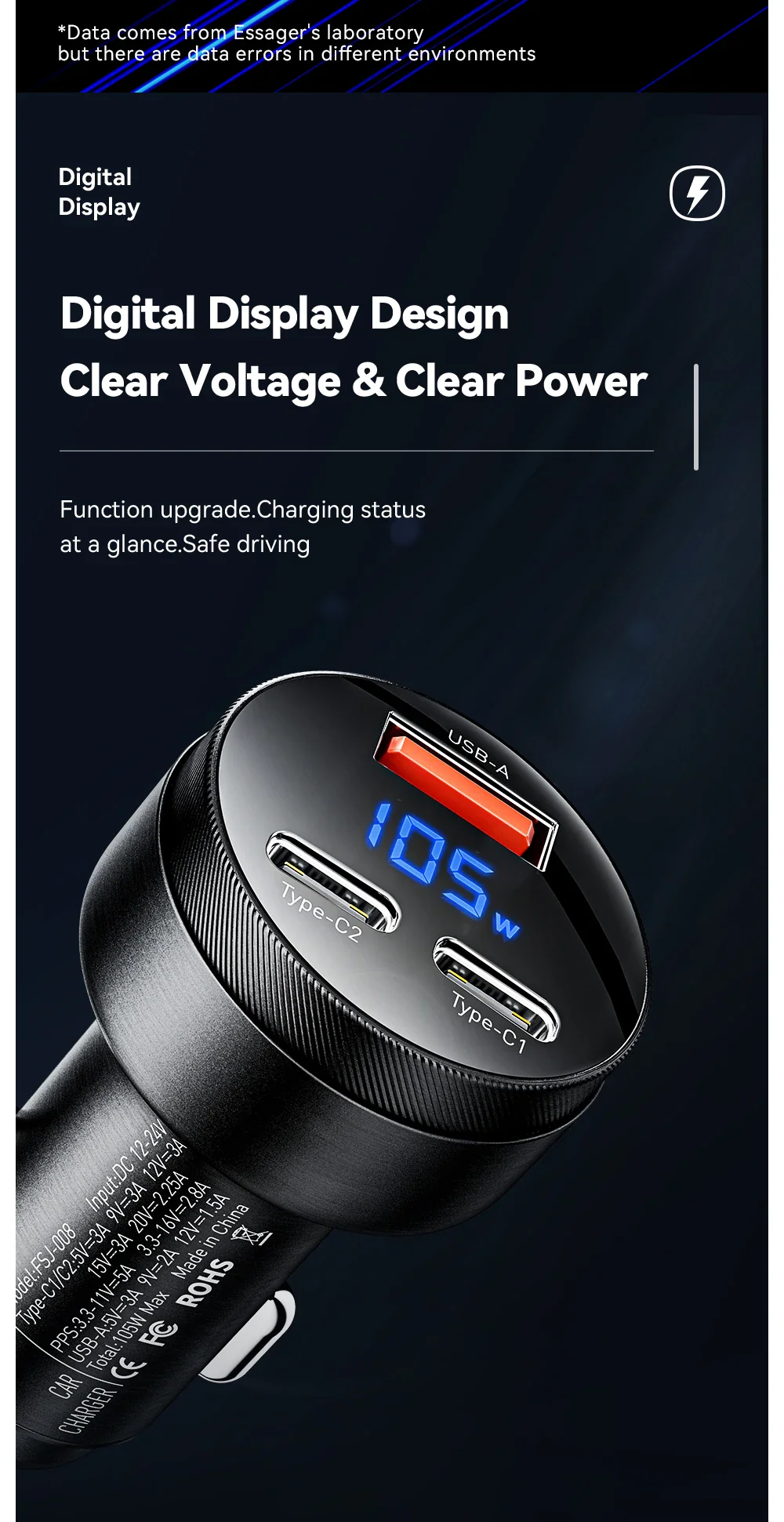 Essager 105W Triple-Port Fast Car Charger with Digital Display (USB + Dual Type-C PD/PPS) - Image 10
