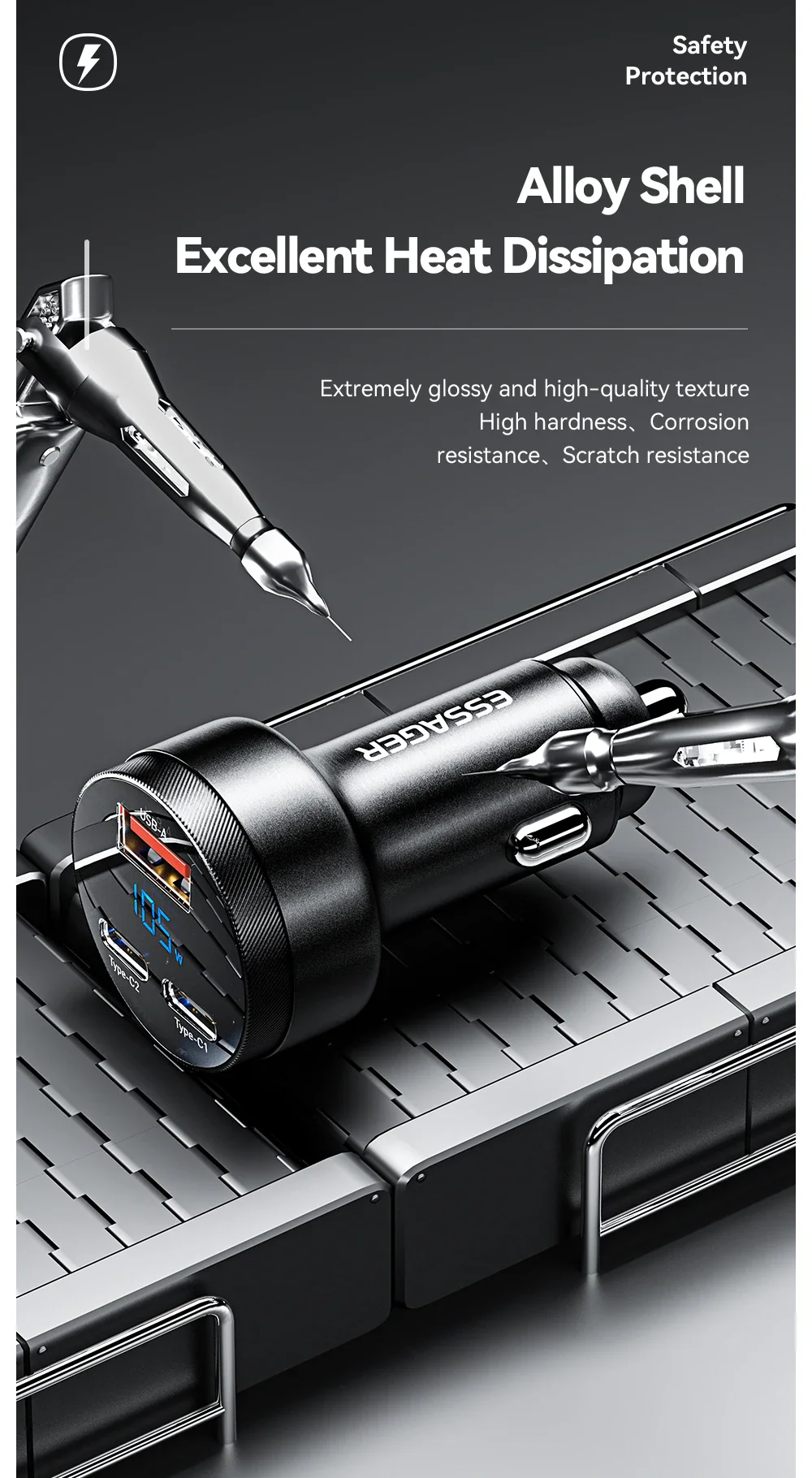 Essager 105W Triple-Port Fast Car Charger with Digital Display (USB + Dual Type-C PD/PPS) - Image 12