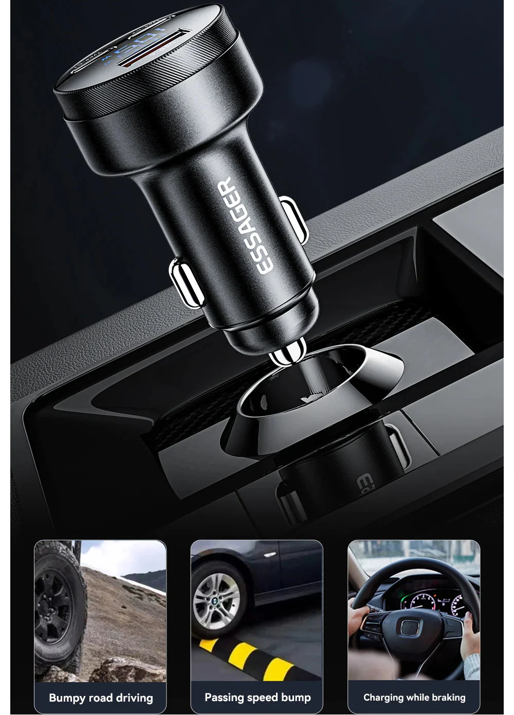 Essager 105W Triple-Port Fast Car Charger with Digital Display (USB + Dual Type-C PD/PPS) - Image 13