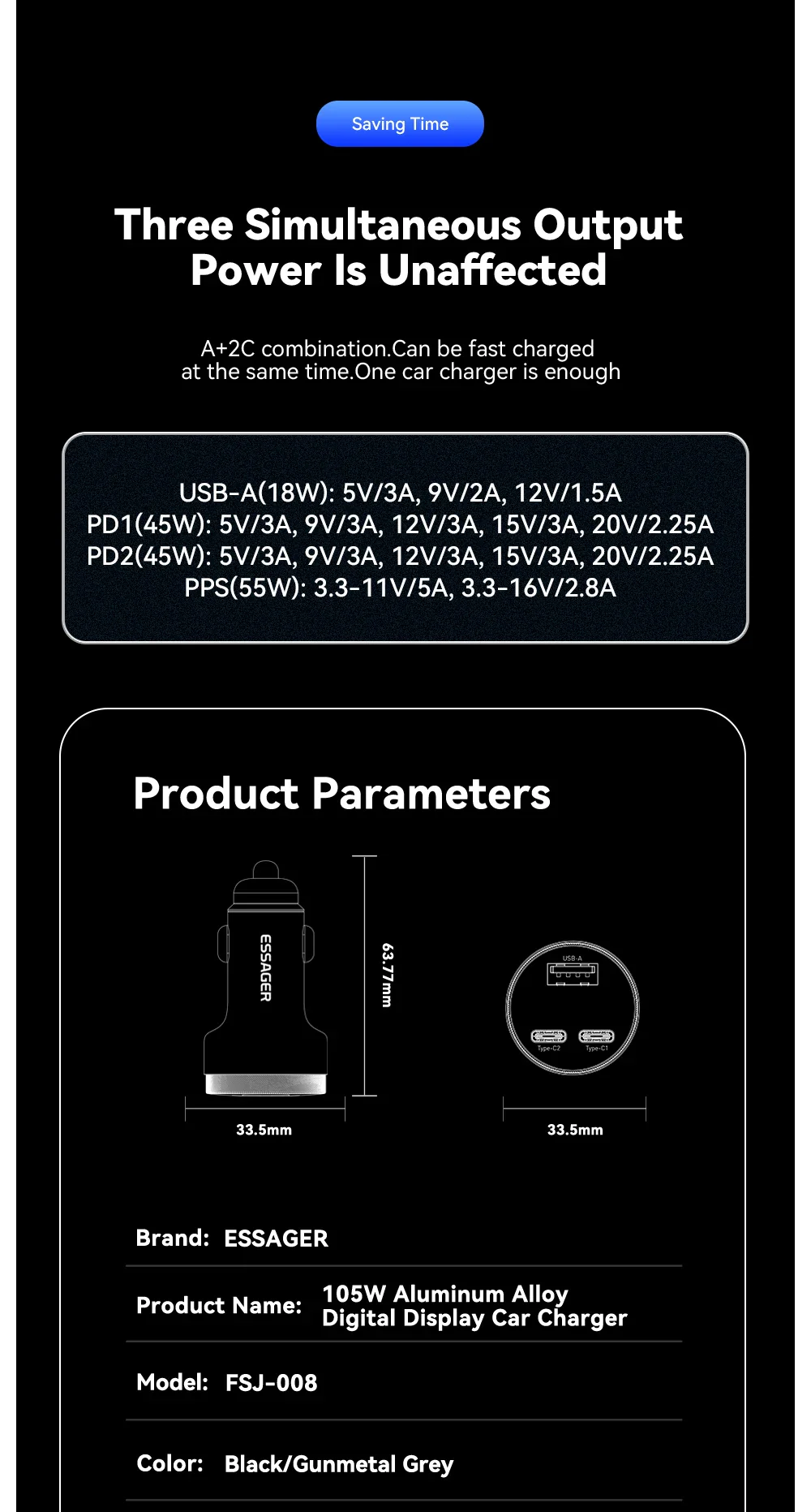Essager 105W Triple-Port Fast Car Charger with Digital Display (USB + Dual Type-C PD/PPS) - Image 16