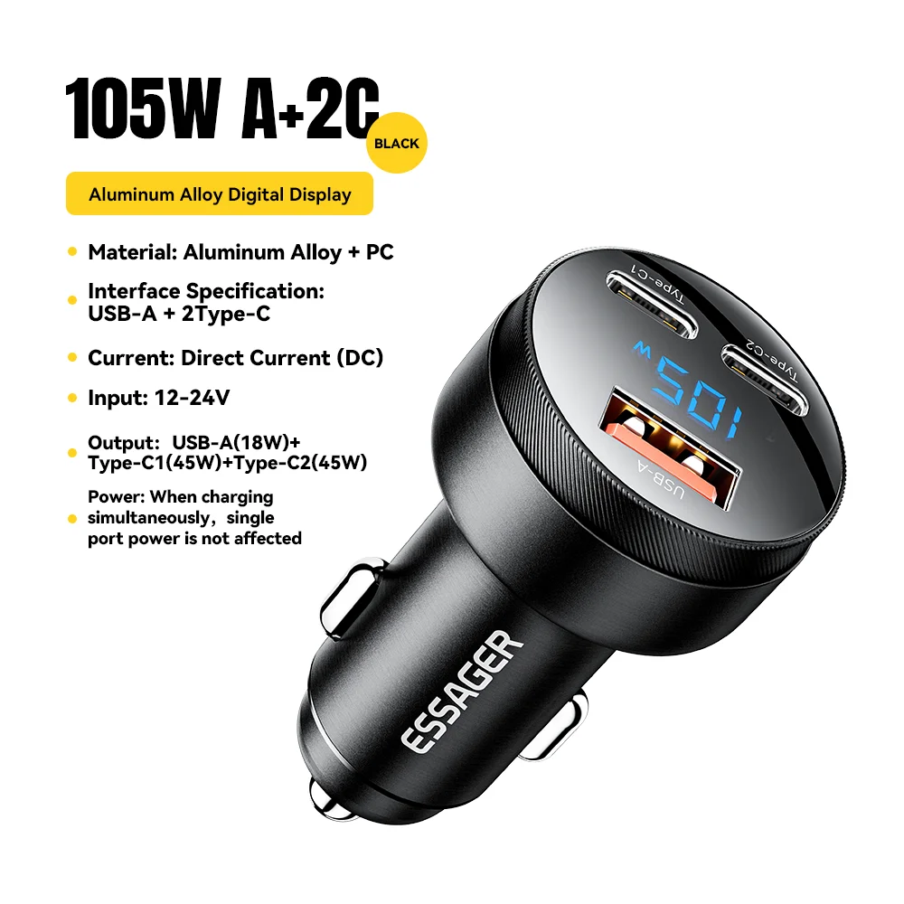 Essager 105W Triple-Port Fast Car Charger with Digital Display (USB + Dual Type-C PD/PPS) - Image 18