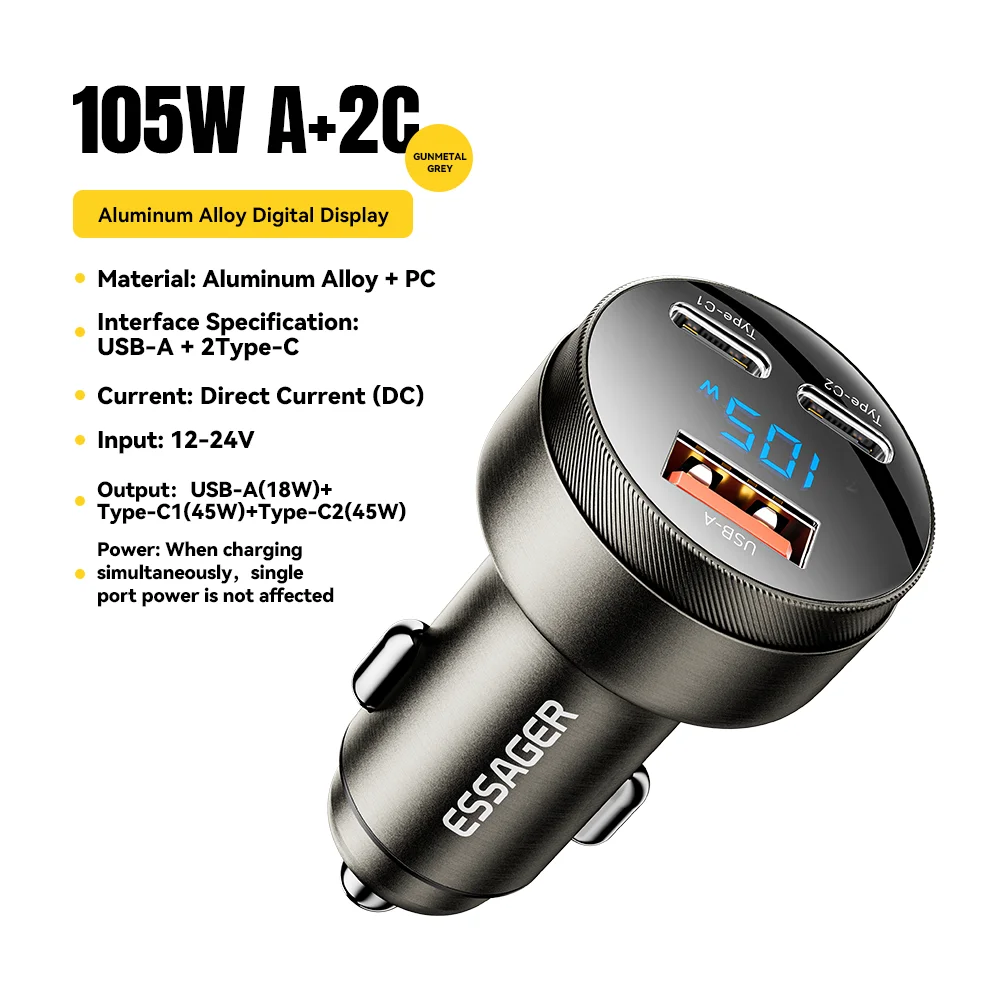 Essager 105W Triple-Port Fast Car Charger with Digital Display (USB + Dual Type-C PD/PPS) - Image 19