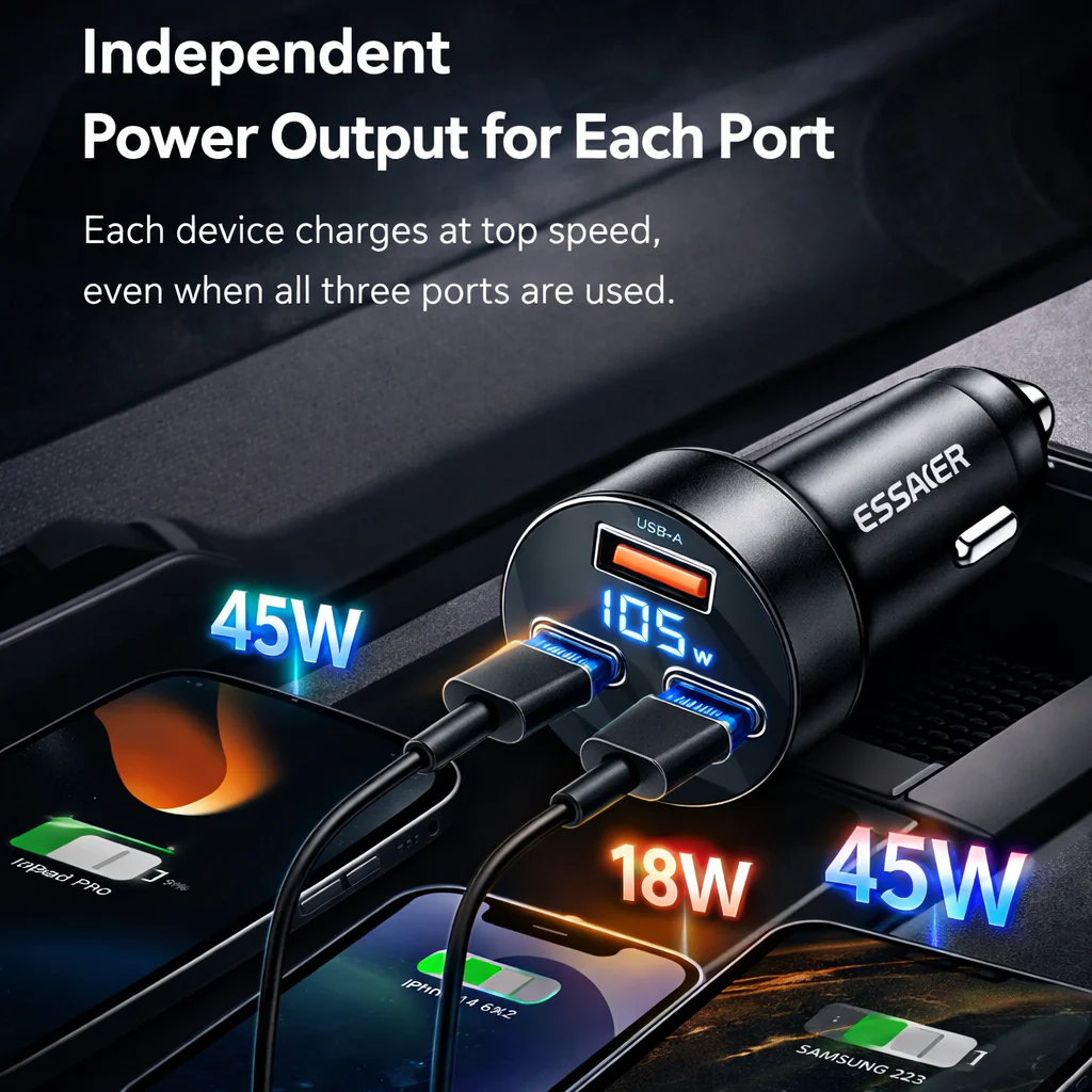 Essager 105W Triple-Port Fast Car Charger with Digital Display (USB + Dual Type-C PD/PPS) - Image 20