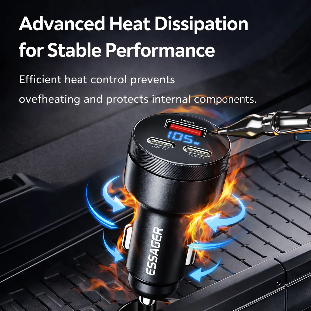 Essager 105W Triple-Port Fast Car Charger with Digital Display (USB + Dual Type-C PD/PPS) - Image 21