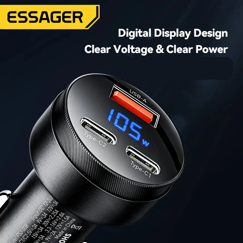 Essager 105W Triple-Port Fast Car Charger with Digital Display (USB + Dual Type-C PD/PPS) - Image 4