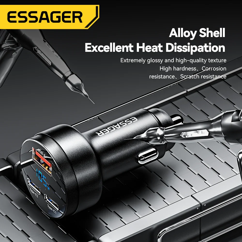 Essager 105W Triple-Port Fast Car Charger with Digital Display (USB + Dual Type-C PD/PPS) - Image 5
