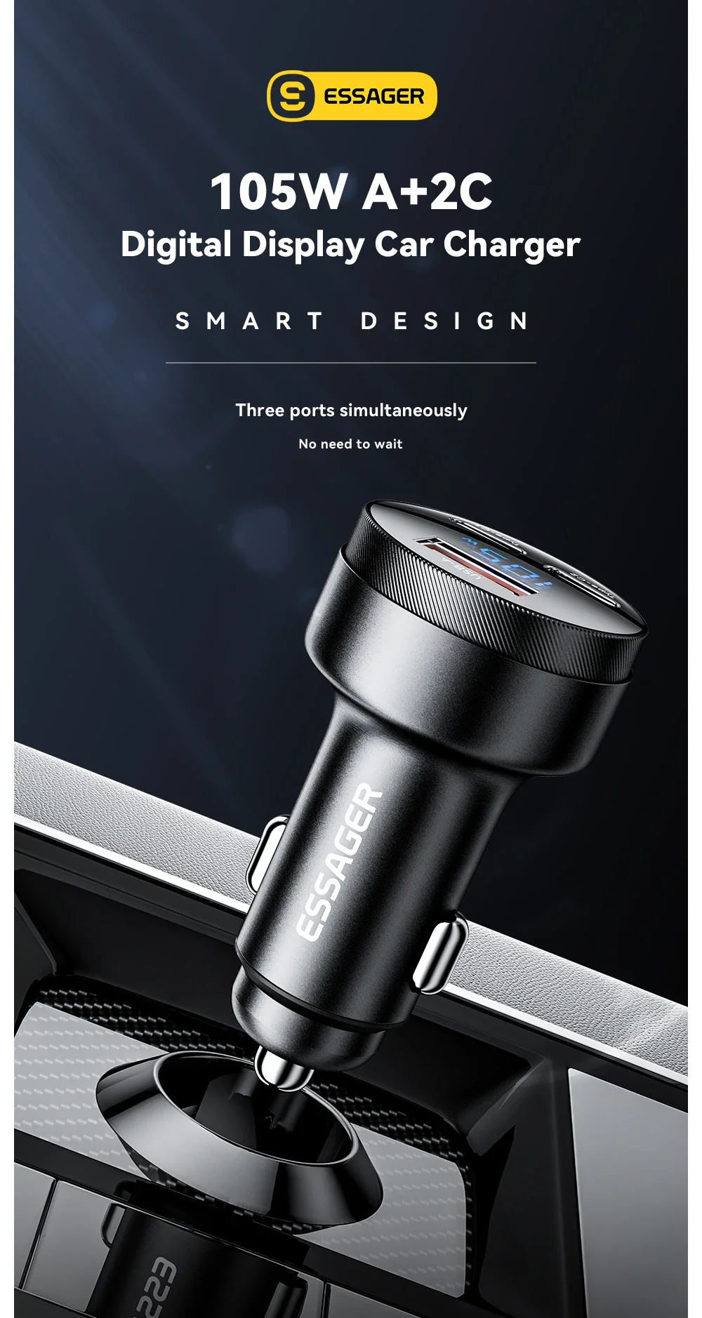 Essager 105W Triple-Port Fast Car Charger with Digital Display (USB + Dual Type-C PD/PPS) - Image 7