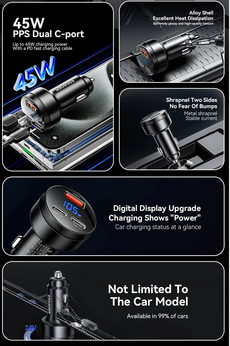 Essager 105W Triple-Port Fast Car Charger with Digital Display (USB + Dual Type-C PD/PPS) - Image 8