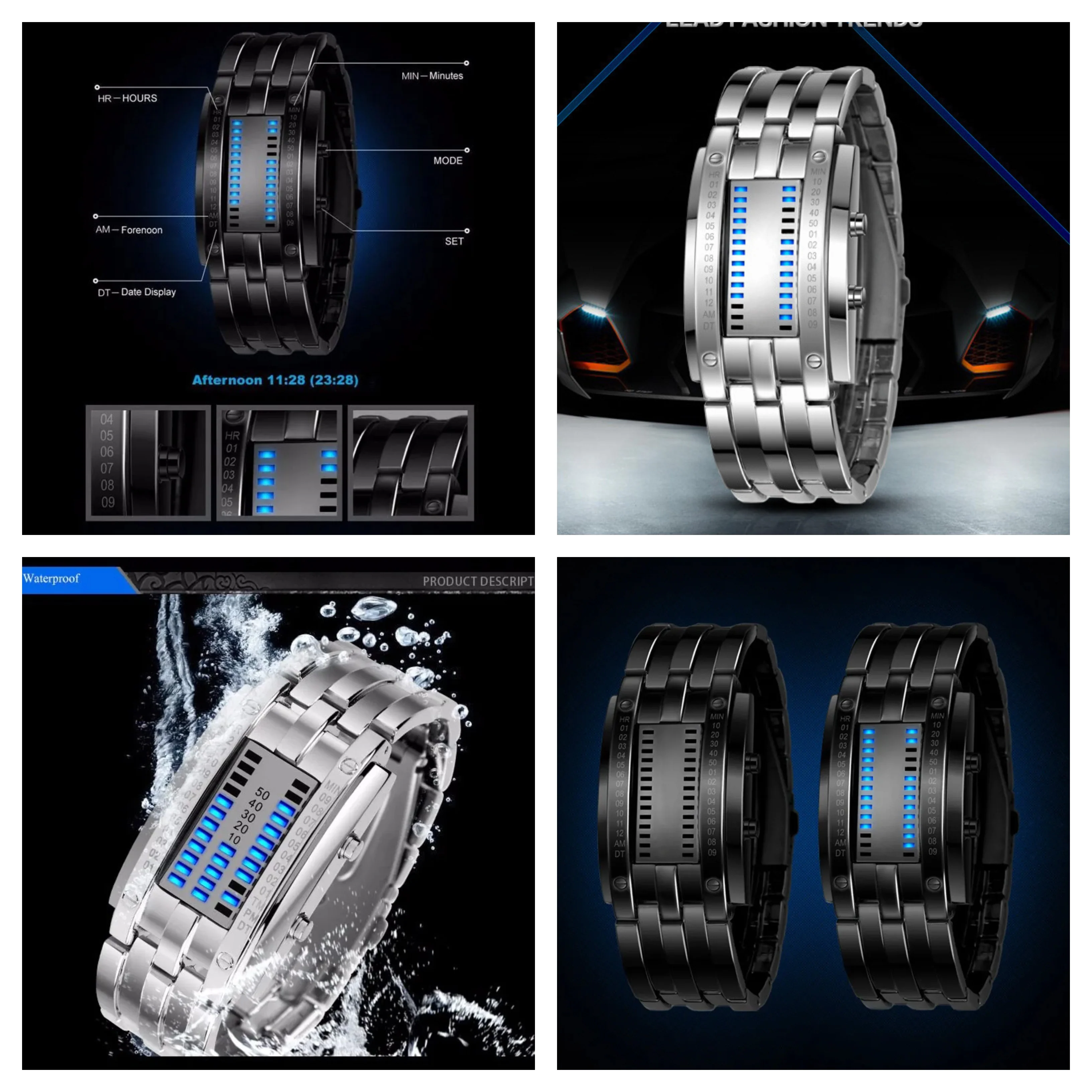"Visionar" Futuristic LED Time Display Mirror Glass Metal Watch