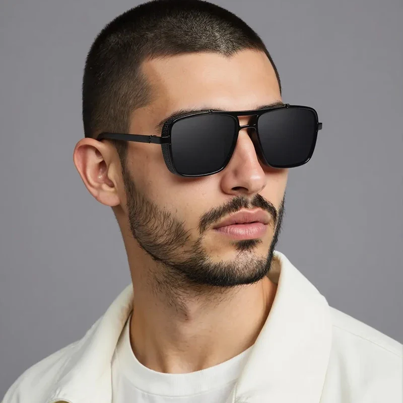 Retro Metal Frame Rectangle Lightweight Glare-Reducing Driving Sunglasses - Image 3
