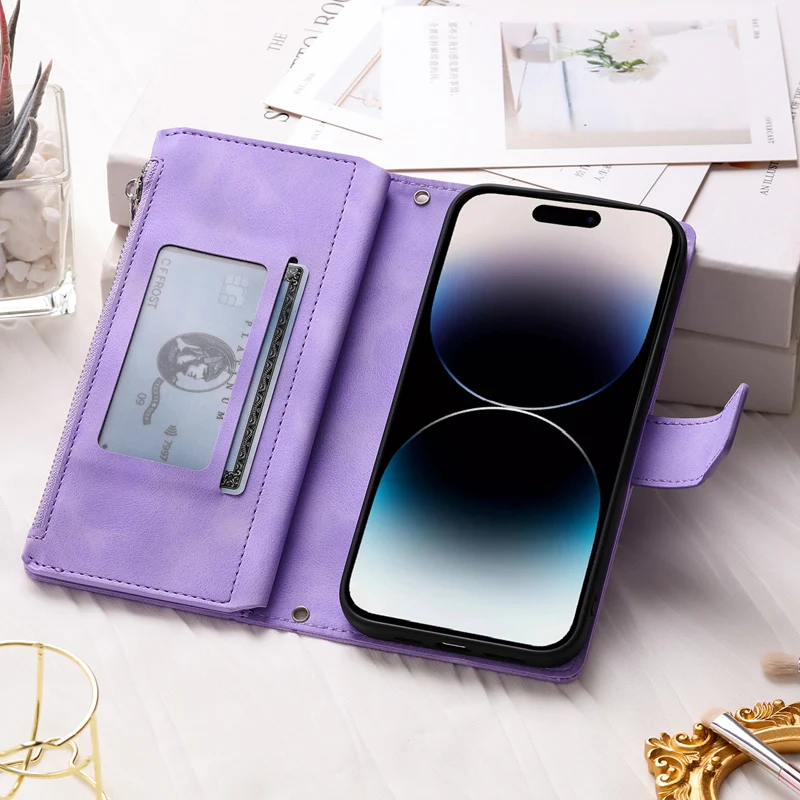 Full Screen Protection Deluxe Zipper Wallet Case with Foldable Kickstand for iPhone - Image 13