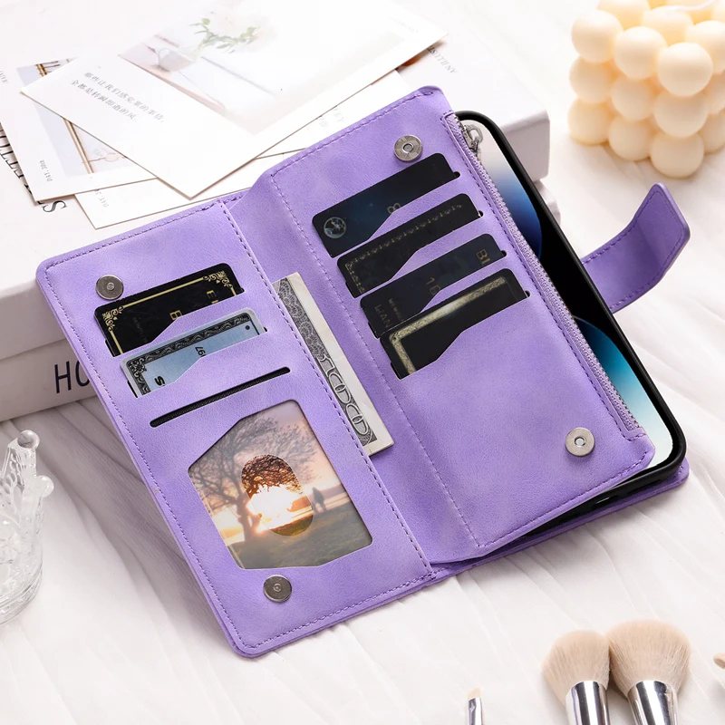 Full Screen Protection Deluxe Zipper Wallet Case with Foldable Kickstand for iPhone - Image 14