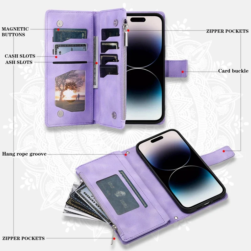 Full Screen Protection Deluxe Zipper Wallet Case with Foldable Kickstand for iPhone - Image 4