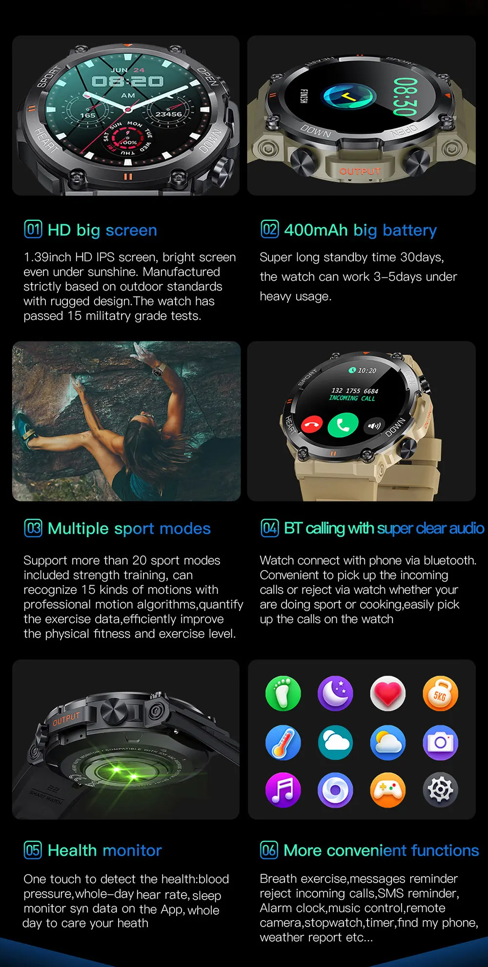 Ultra Durable Construction HD Bluetooth Health Tracker Smartwatch For Android & IOS - Image 8