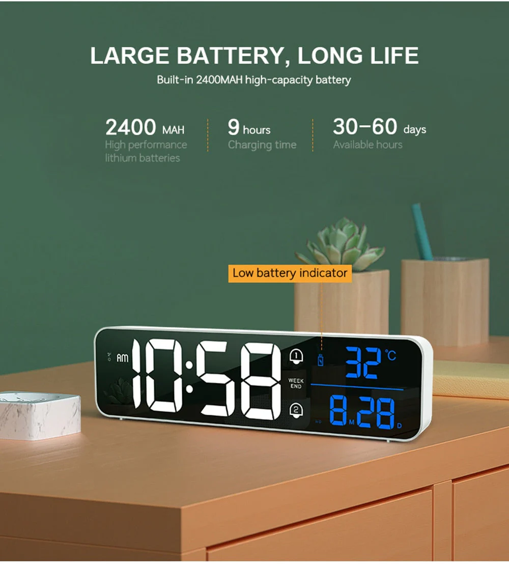 Smart Mirror Led Rechargeable Large Alarm Clock - Image 8