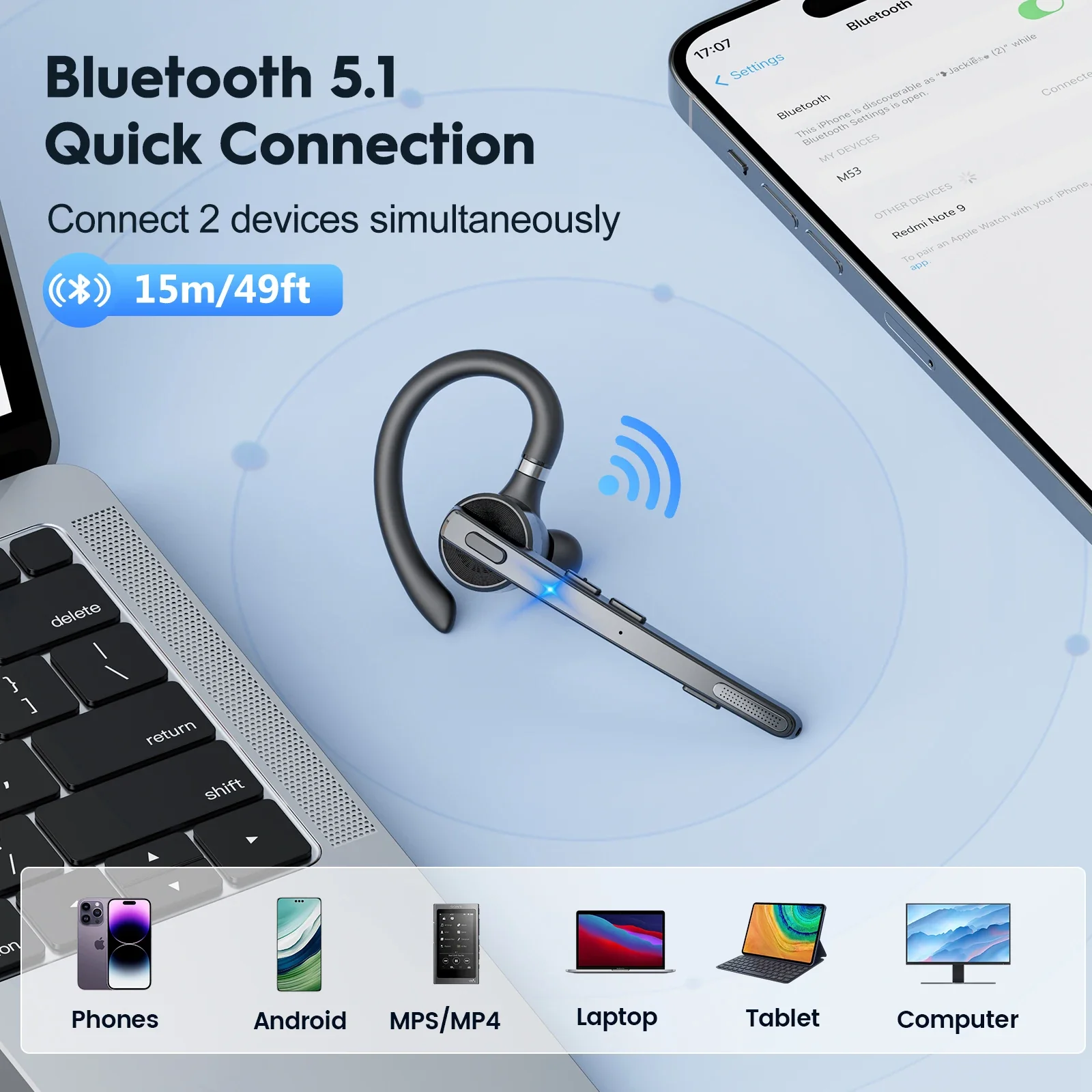 Bee M53 Dual-Mic Noise Cancelling Hi-Fi Audio Lightweight Headset with Charging Case - Image 7