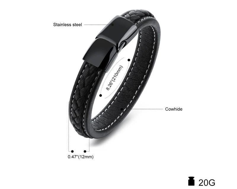 SAMU - Stainless Steel Magnetic Clasps Black Leather Bracelet - Image 2