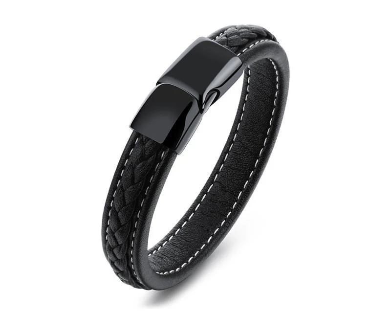SAMU - Stainless Steel Magnetic Clasps Black Leather Bracelet - Image 3