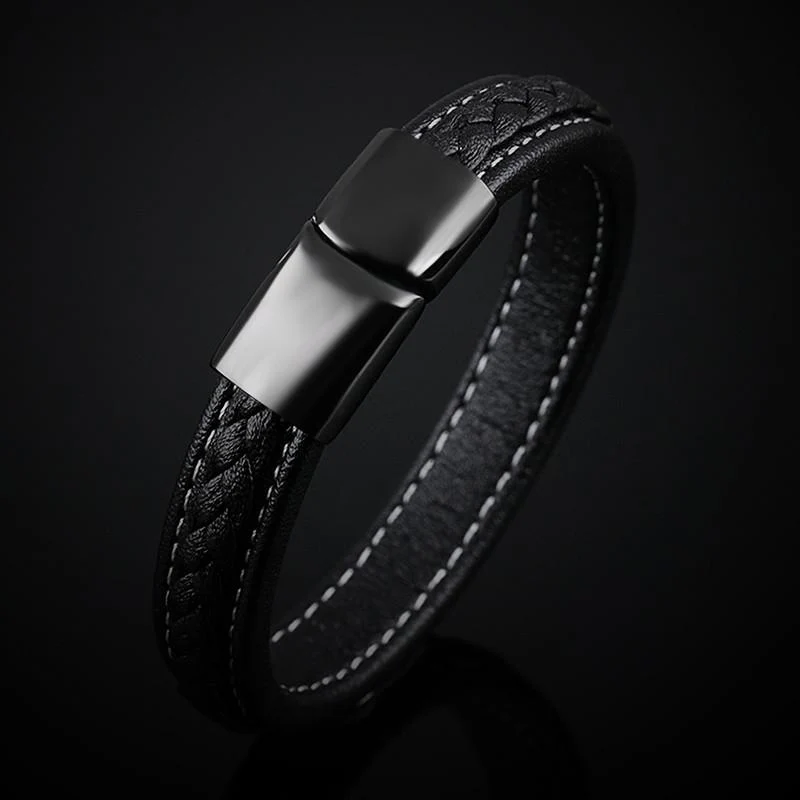 SAMU - Stainless Steel Magnetic Clasps Black Leather Bracelet - Image 4